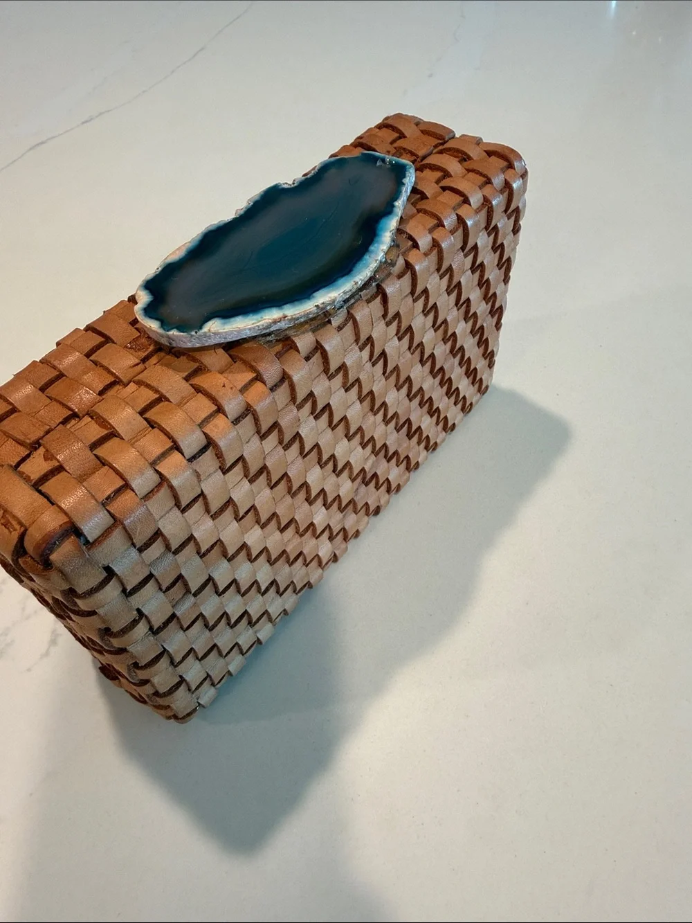 Woven Tan Leather Phone Case with Blue Agate Accent